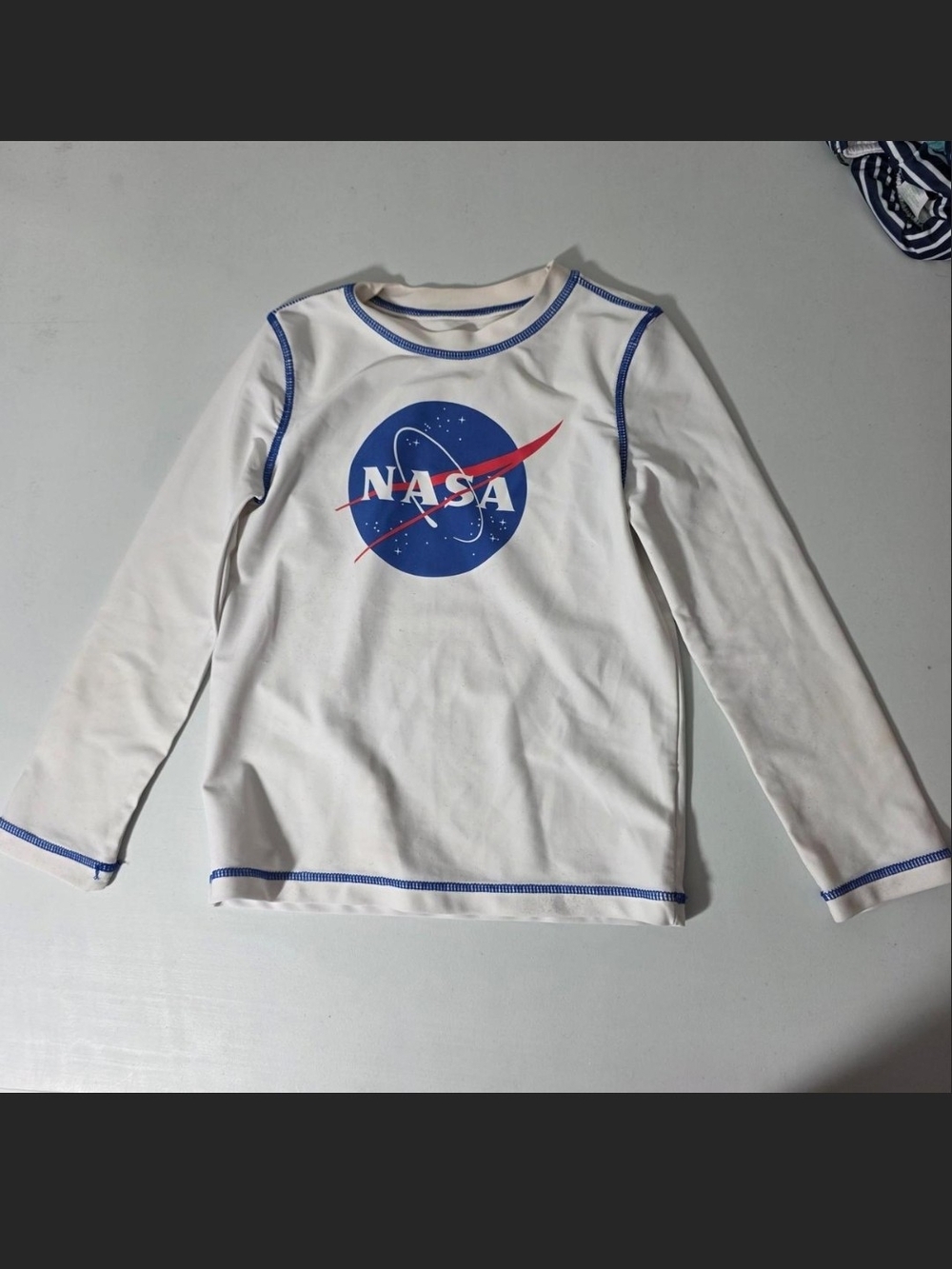 Logo Long-Sleeve Kids Tee in White with Blue Trim